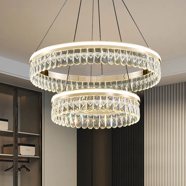 Contemporary Living Room Dimming Aluminum round led lights 2 Layers Led Pendant Light Luxury Crystal Chandelier