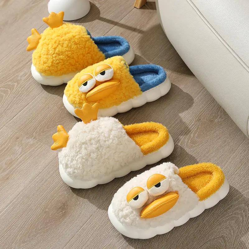 Sandal dalam ruangan untuk anak dewasa, sandal selop dalam ruangan musim dingin motif kartun bebek hangat warna kuning, sandal bebek musim dingin untuk anak dewasa