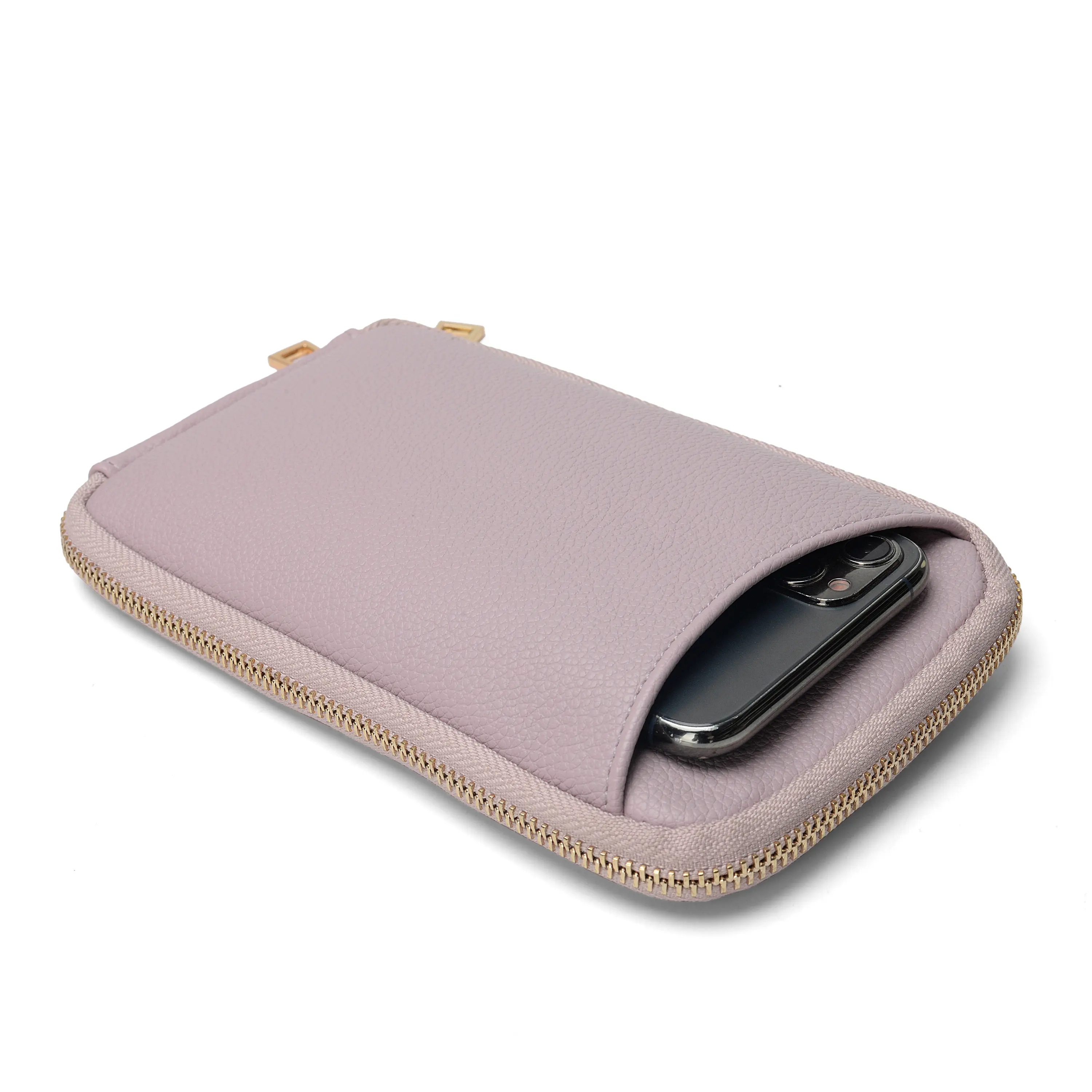 Carteira de viagem para celular em couro com padrão de lichia para presente corporativo de luxo, bolsa de ombro portátil removível para celular