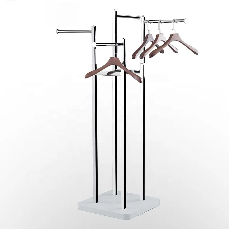 Rack quadrado resistente cromado de 4 vias, rack ajustável para braços, exibição de roupas da loja de roupas