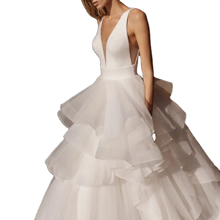 Robe de mariée légère simple robe de mariée française col en V satin queue de tulle nouvelle mariée robe de mariée blanche de style coréen