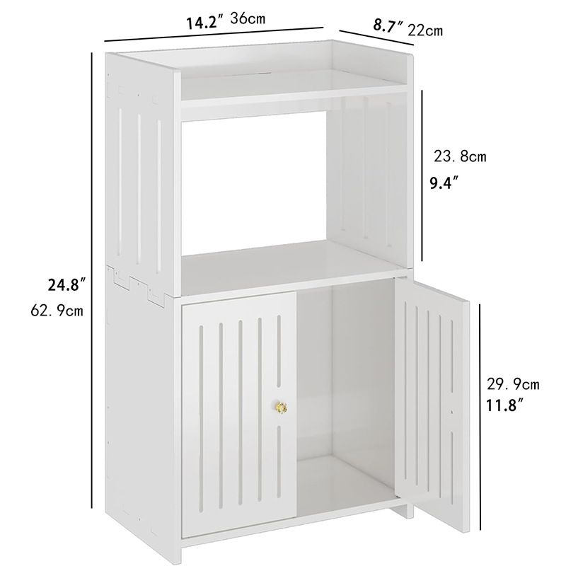 Mueble de suelo de tres niveles con rayas verticales.