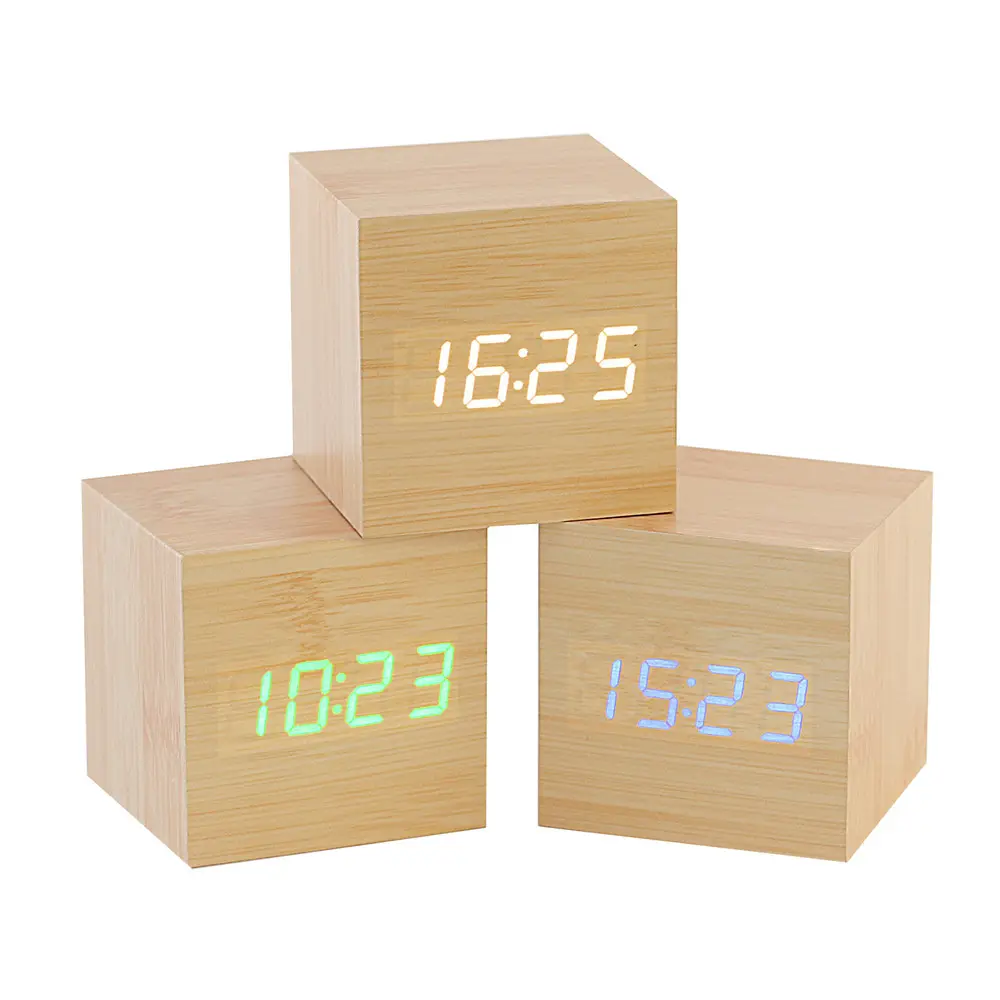 KH-WC001, Dekorasi Rumah Kubus Portabel Kayu Digital LED Jam Alarm Meja dengan USB dan Catu Baterai