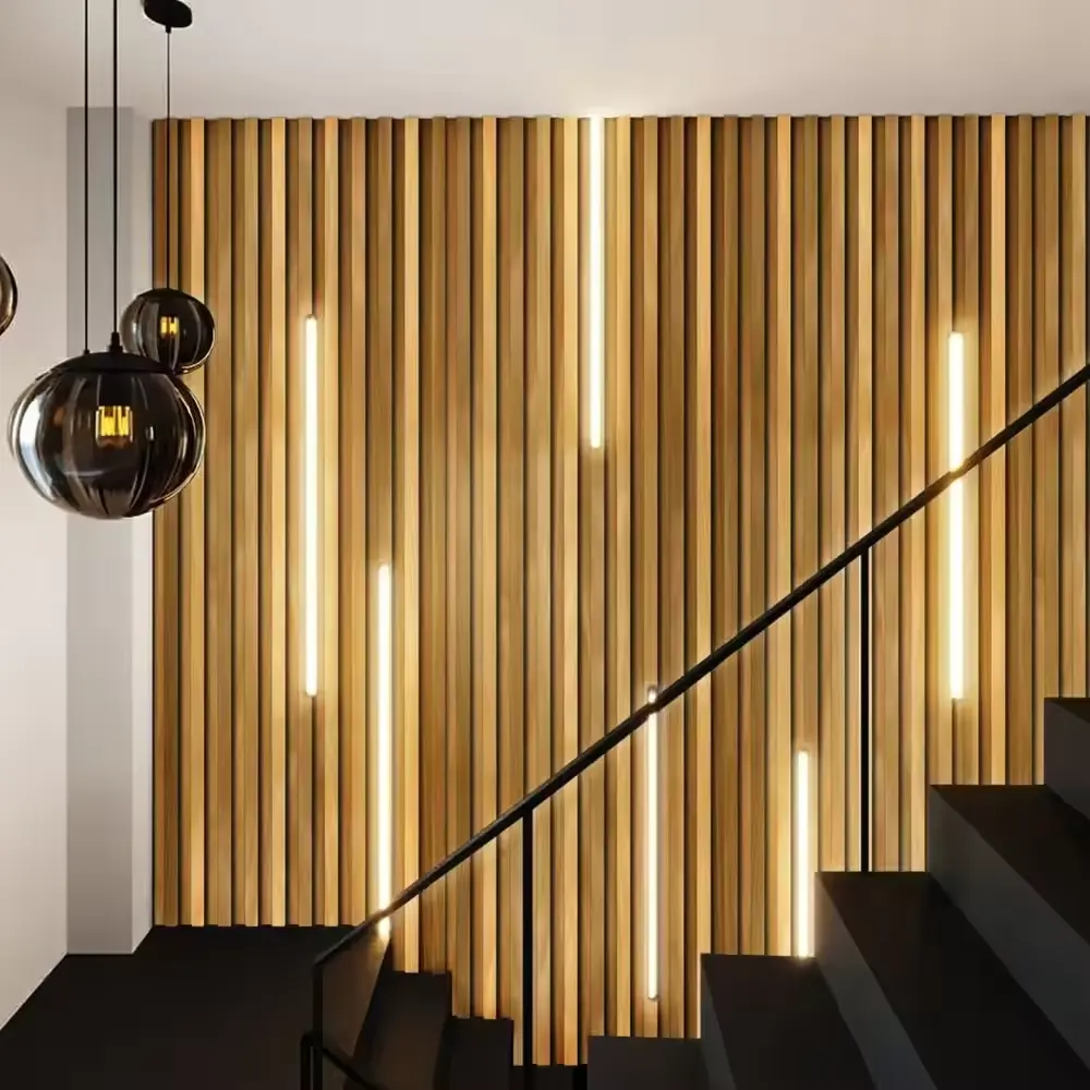 Kasaro Natural Oak Wooden Led Lights Acoustic Wall Panel For Living Room Fluted Wall Cladding Slat Wall Panels