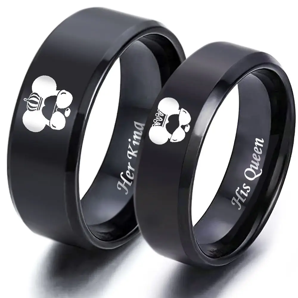Venda imperdível de anéis de coroa king e queen em aço inoxidável preto para casais