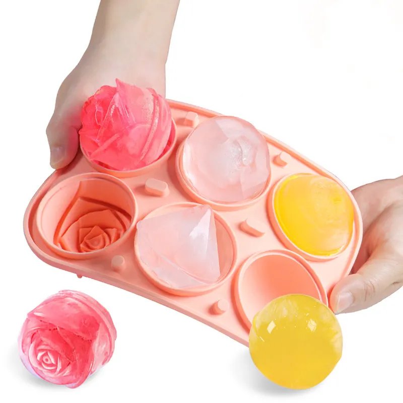 3D-BPA-freier 6 Höhlen rosa rund Silikon-Eiswürfelform Diamant-Eiswürfel-Hersteller mit Deckel