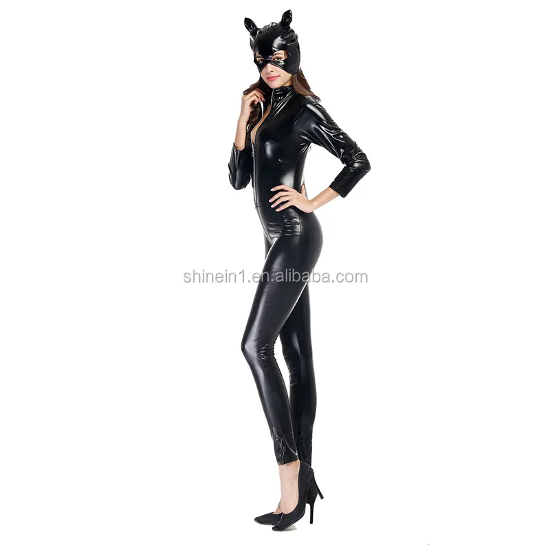 Shinein kadın tam vücut siyah deri Catsuit Bodysuit tulum cadılar bayramı Cosplay Catwoman kostüm Catsuit