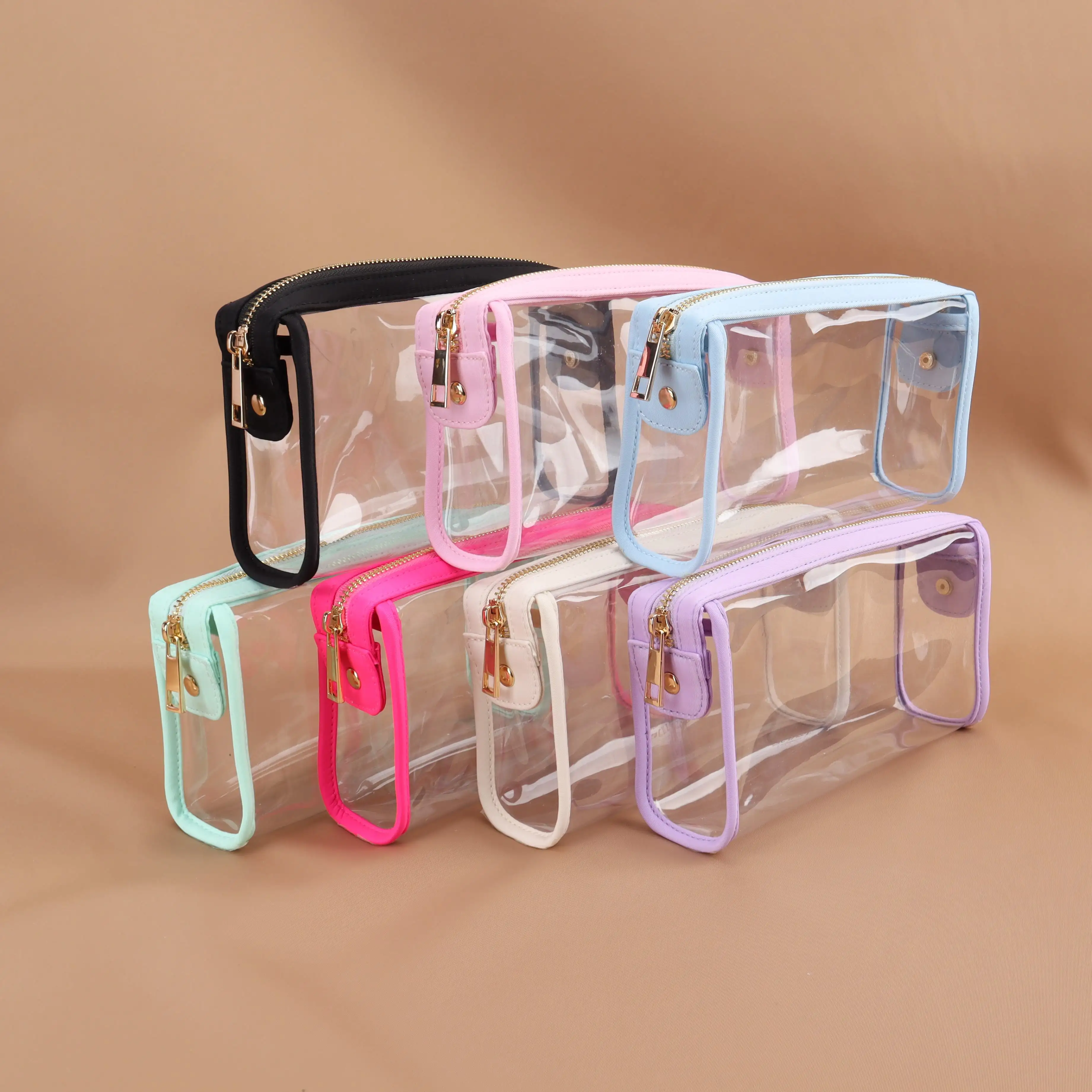 Grosir MOQ rendah tas Travel kosmetik transparan Mini warna permen tas perhiasan PVC bening kotak rias perempuan