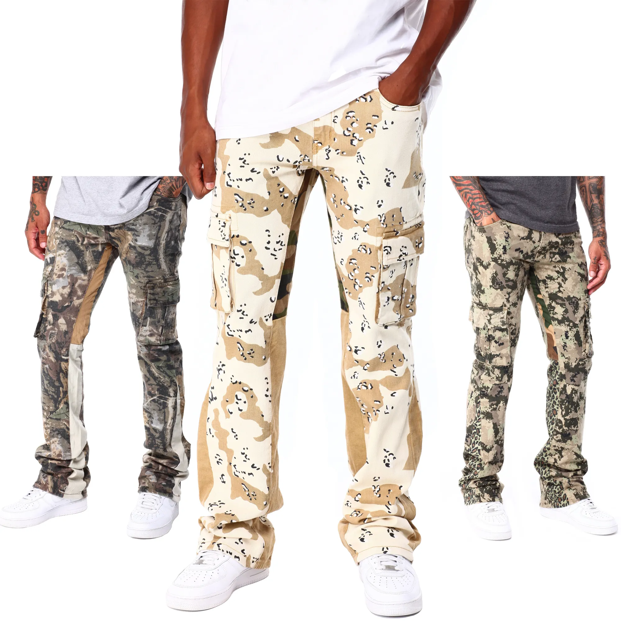 Gingtto Personalizado Amanhecer Para Crepúsculo Camo Verdadeiro Trabalho De Twill Flared Stacked Jeans Men