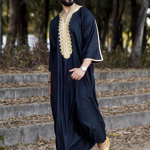 2024热卖Thobe穆斯林男士传统非洲刺绣时尚摩洛哥Thobe男士宽松实心Kandura Thobe男士