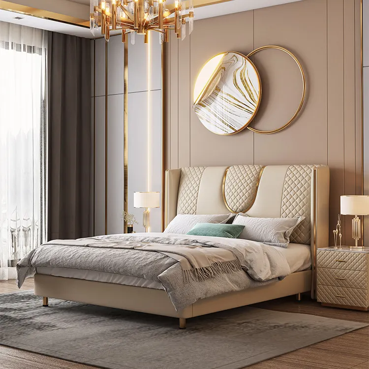 Kamar Tidur Minimalis Modern, Tempat Tidur Ganda Gaya Italia Ringan Kulit Mewah Nyaman King Bed 1.8M
