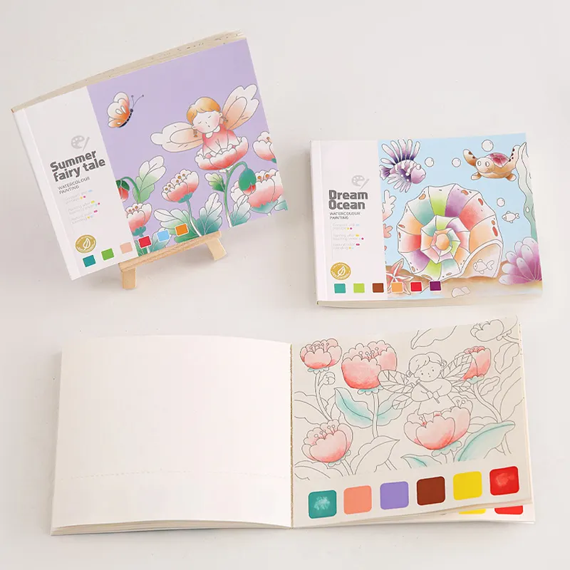 Livro colorido em aquarela para crianças, livro com 20 páginas portátil para colorir, atacado, pintura personalizada em aquarela para crianças