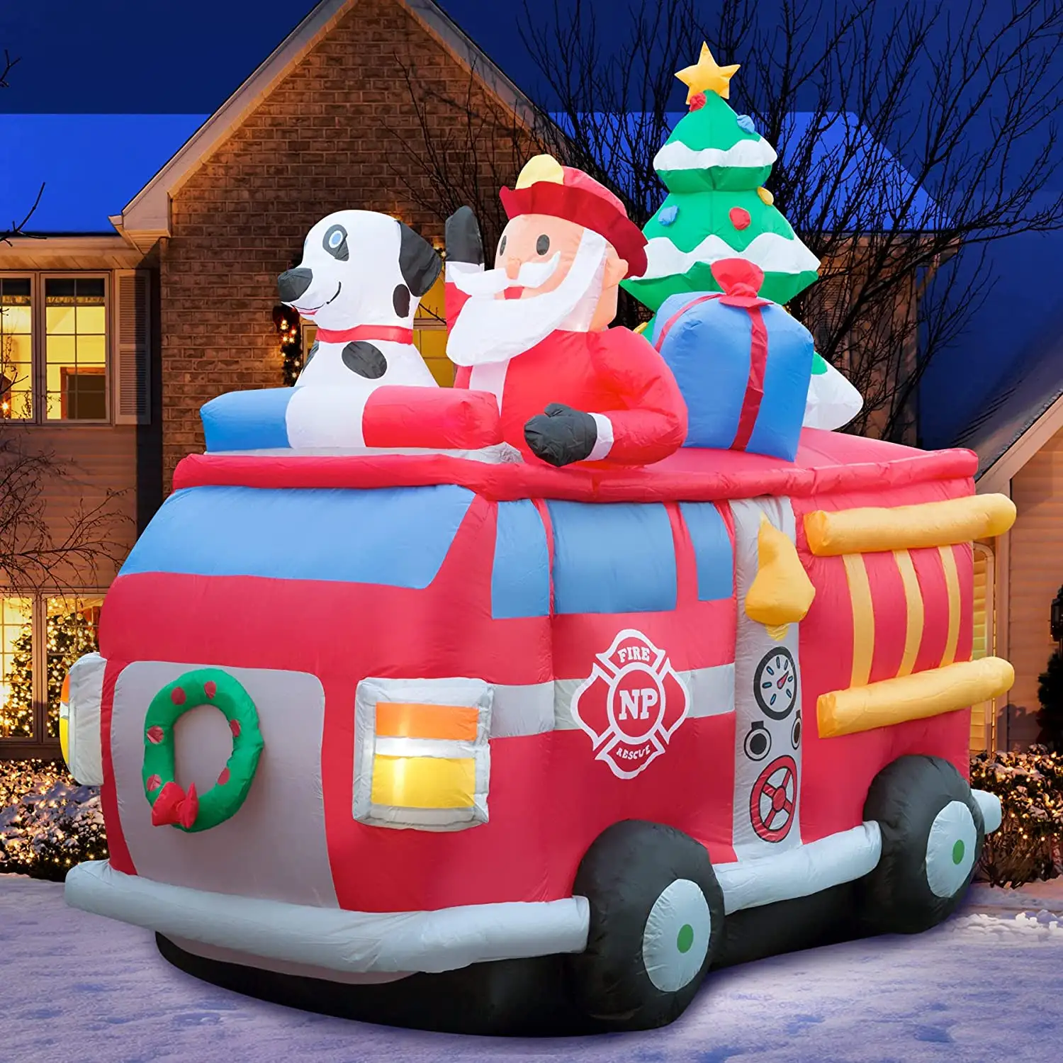 Camión de Bomberos de Navidad inflable de 6,5 pies de largo, decoración de perro de Papá Noel, patio, césped, jardín, fiesta en casa, vacaciones