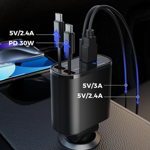 带可伸缩电缆和电压显示器的4合1车载充电器适配器，12V/24v车辆，快速电话车载充电器，2个Usb端口 - Product Image 4