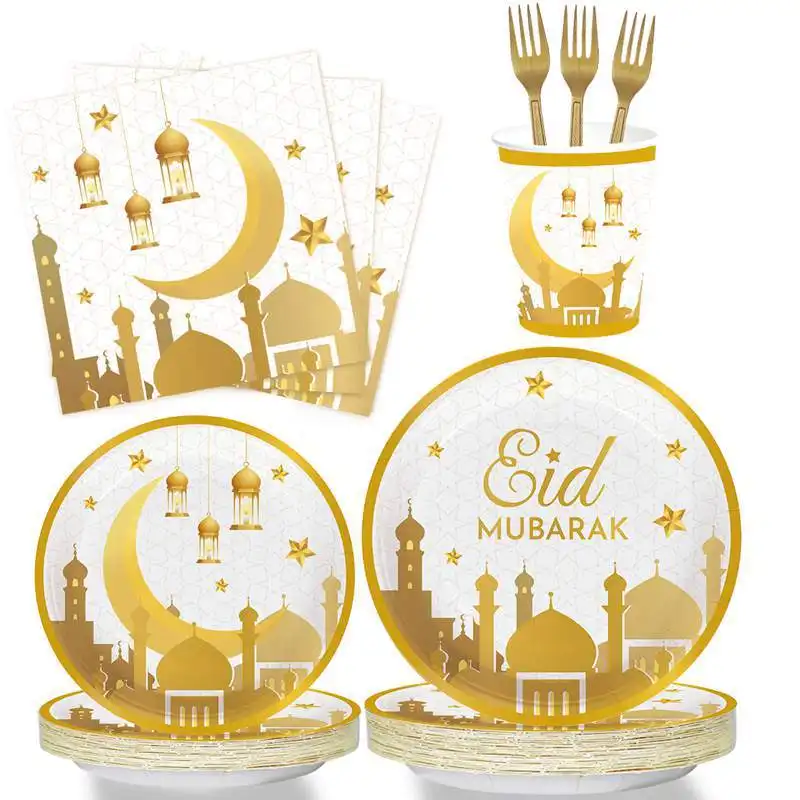 Palmy eid mubarak decoração de festa, placas de papel dourado branco descartável