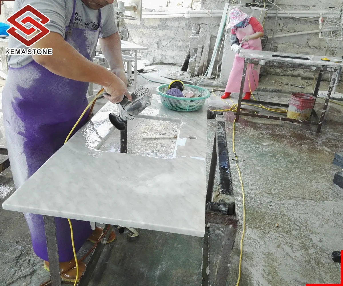Listo-personalizado blanco Natural de piedra de mármol Carrara para baño encimera