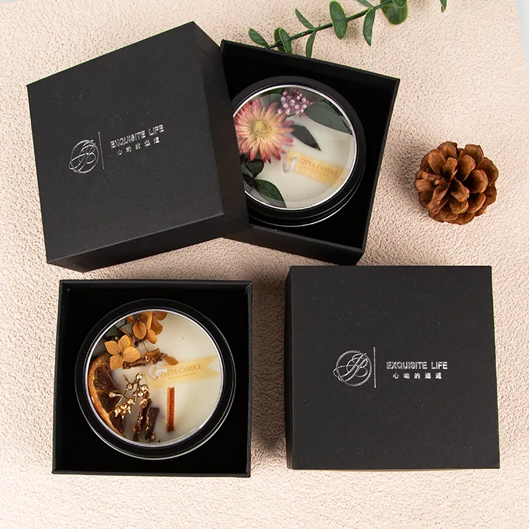 Custom private label gift box fragrance candle soy wax scented candle with dried flowers in jar