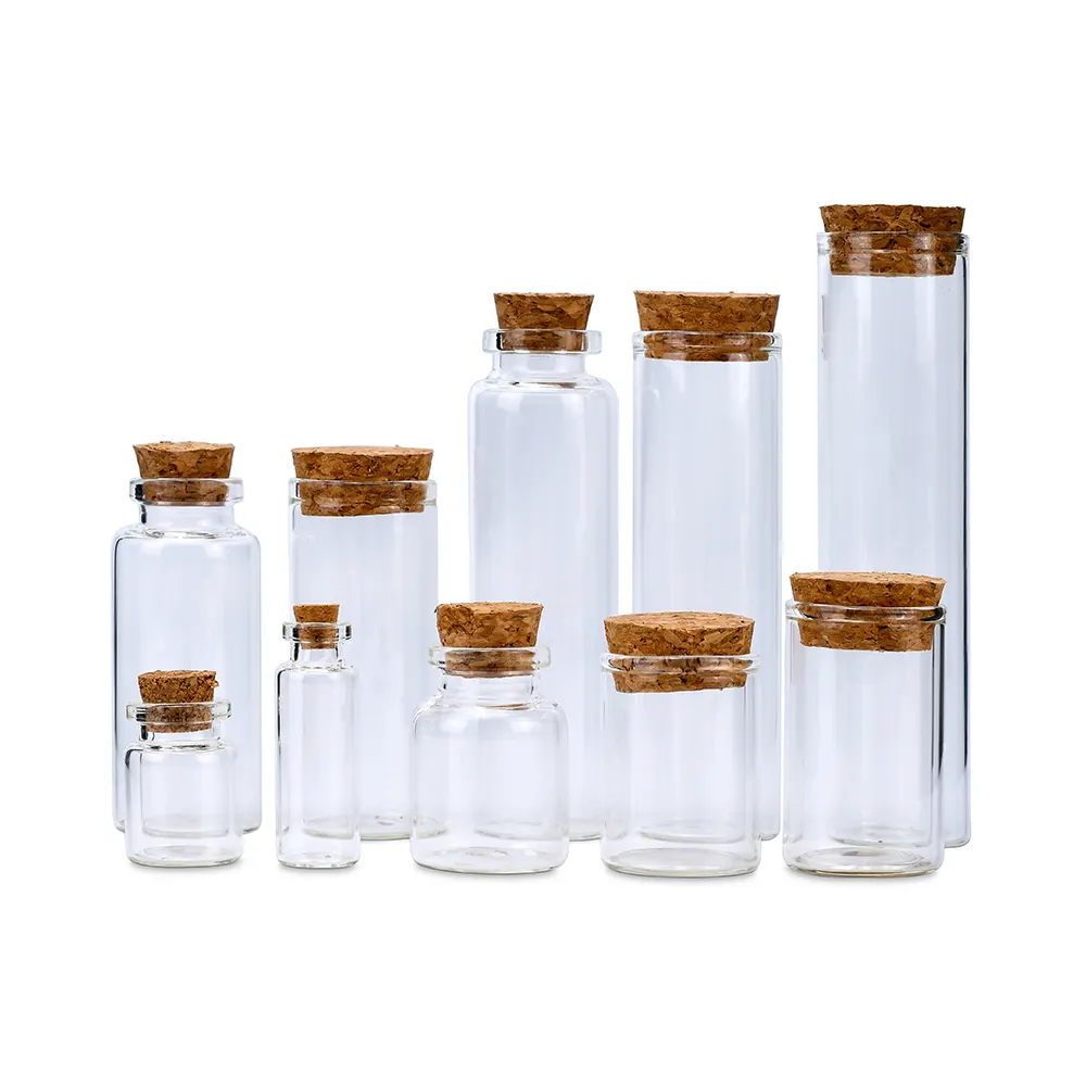 Atacado mini desejando garrafa 5ml 10ml 15ml 20ml 25ml frascos de vidro Logotipo personalizado Clear Glass Match Storage Jar com rolha de cortiça