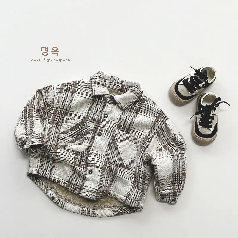 Venta al por mayor Fan Boy Plaid Fleece Shirt Winter New Girl Korean Retro Top Jacket Small Children's Tide Ropa para niños
