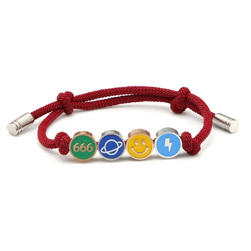 Coppia gioielli personalizzati ciondoli smaltati colorati incisi sorriso numero fortunato 666 Planet Lightning Rope String Cord bracciali