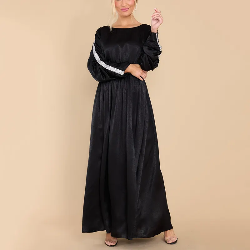 Maxi vestito nero reale all'ingrosso della fabbrica di alta qualità abiti con scollo alto con gonna termica spessa con dettagli di strass