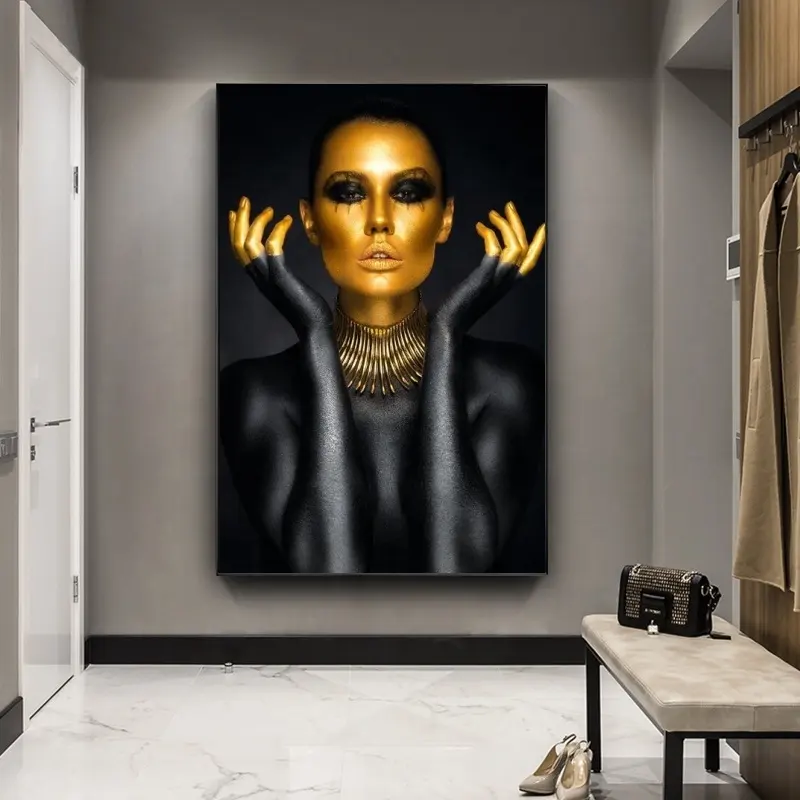 Seksi çıplak kadın portre tuval resimleri duvar sanatı posterler ve baskılar siyah altın kız resimleri ev duvar dekoru Cuadro