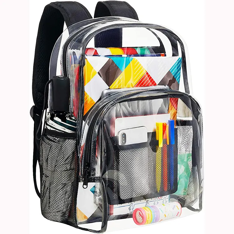 Su geçirmez PVC şeffaf şeffaf okul çantası, ağır açık sırt çantası büyük kapasiteli açık PVC