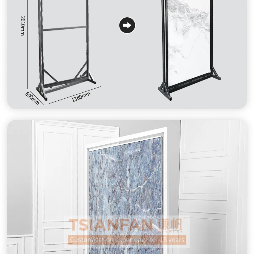 Tsianfan Exhibition Metal Rotatable Sintered Stone Sample Stand Quartz Marble Granite Panel Display Large Slab Tile Display Rack