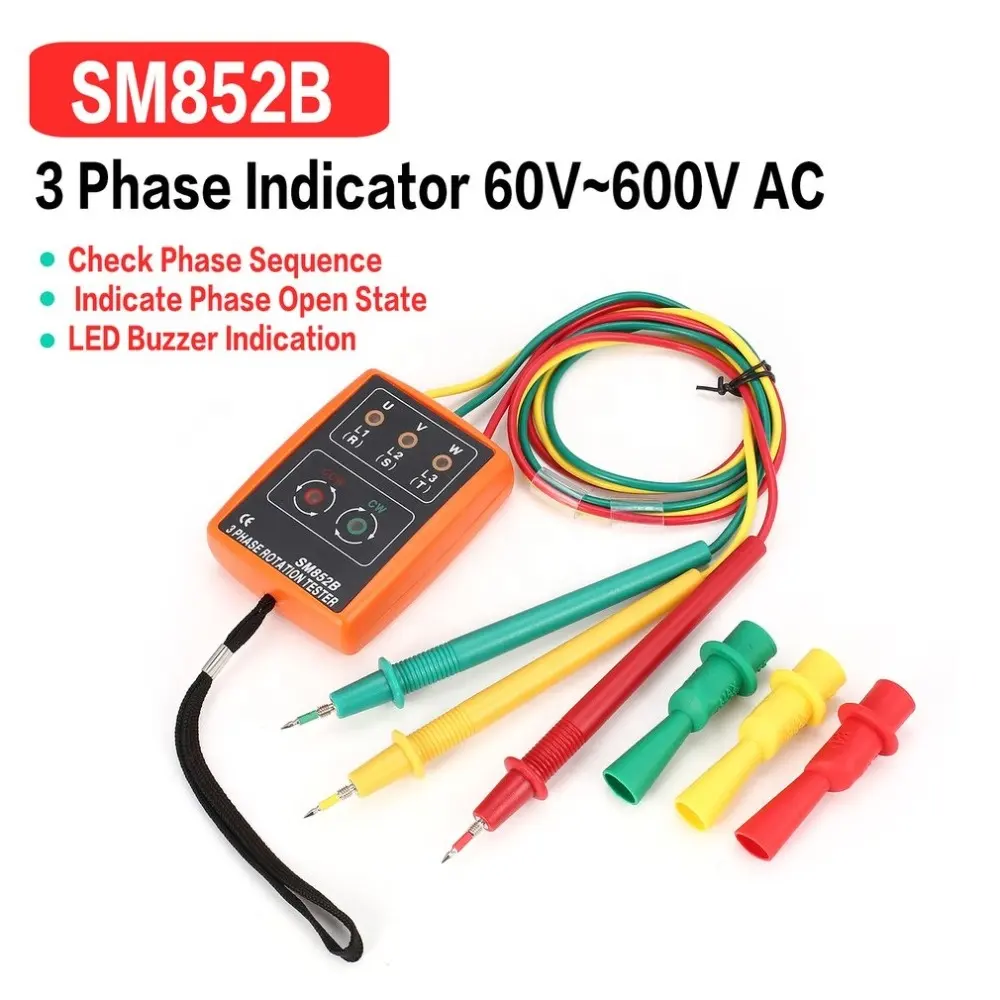 SM852B Indicador de fase digital Detector Probador de rotación de 3 fases para uso doméstico 60V ~ 600V AC