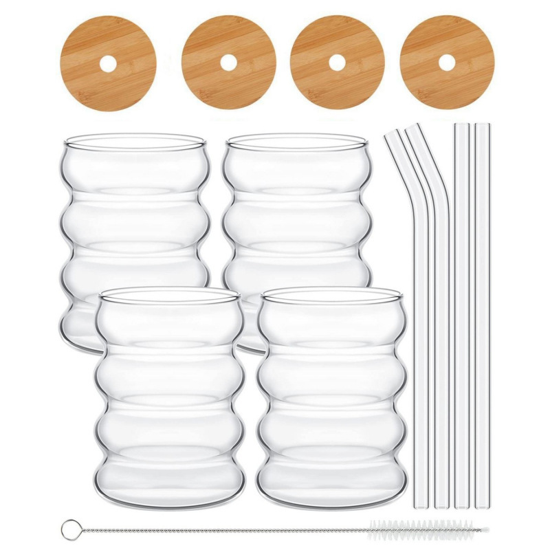4 cups, 4 wooden lids, 4 straws, 1 brush