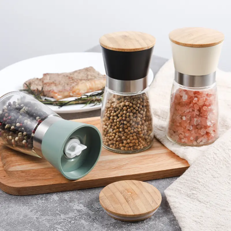 Hochwertiges Küchen werkzeug Bambus deckel Einstellbare Grobheit Mini Portable Manual ABS Salz-und Pfeffer gewürzmühle