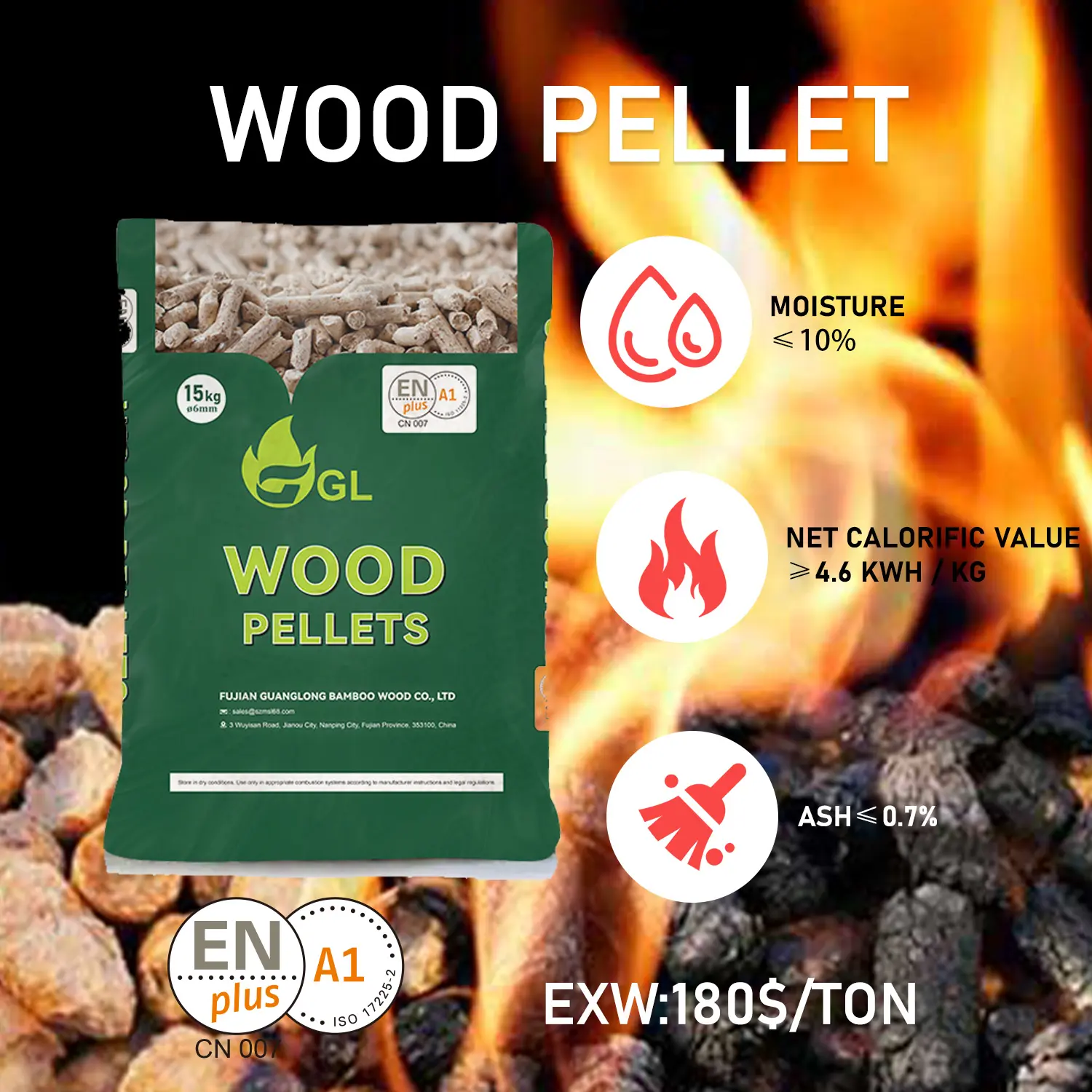 Enplus A1 CN007 A1 Biomass Wood Fuel GRADE Top Europe Wood Pellets 15 kg Wood Pellet