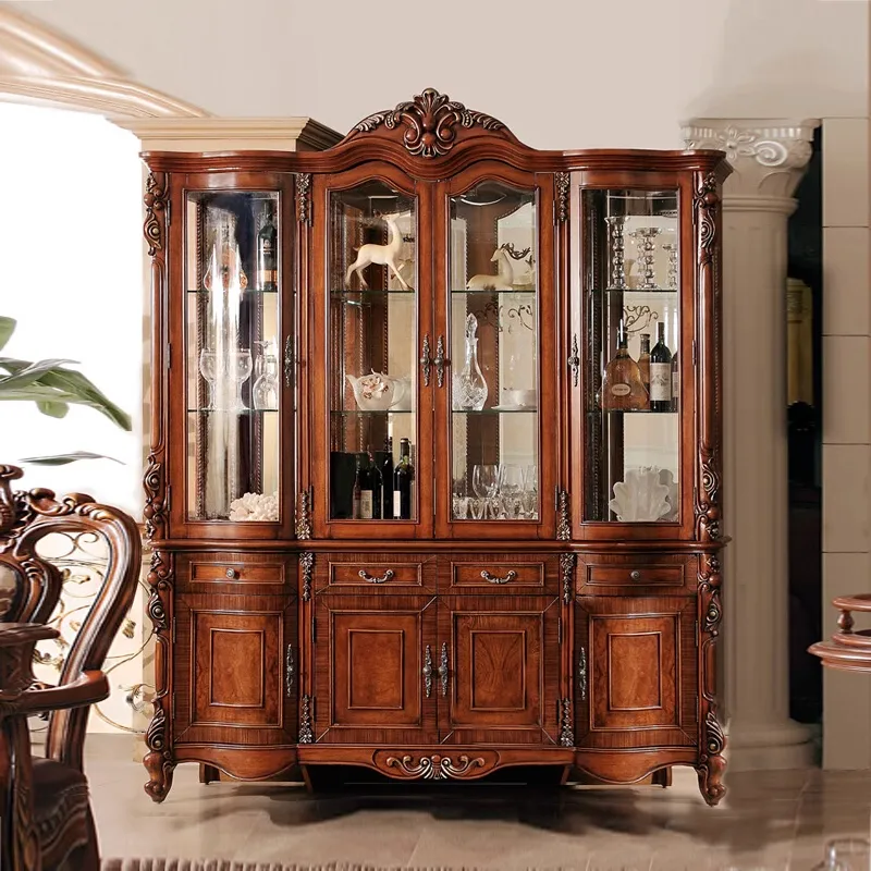 Meubles de salon Roya de style européen Vitrine à vin Armoire de rangement en bois massif antique Buffet en verre en bois