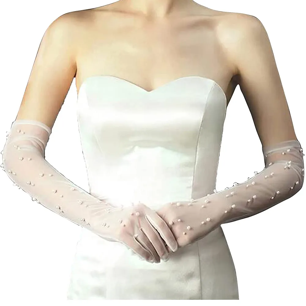 ओपेरा शाम पार्टी सरासर वधू दस्ताने मोती महिलाओं शादी की लंबी Tulle दुल्हन दस्ताने सफेद उंगली फीता दस्ताने