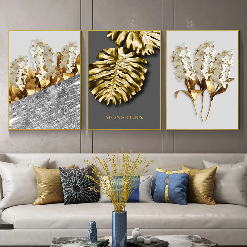 Modern Golden Leaf Poster Abstract Luxury Flower Wall Art Canvas Painting Nordic Print Wall Pictures for Living room Decoration
