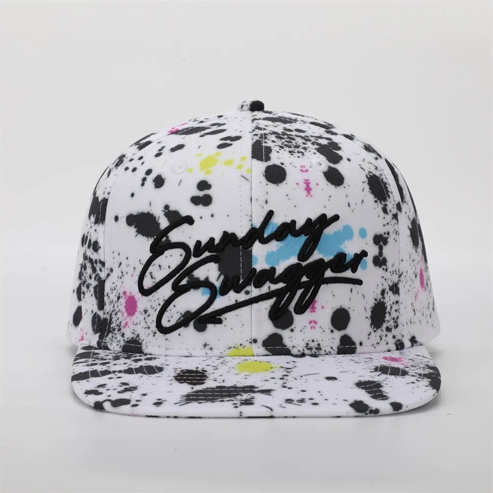 Custom Made Mens Fashion High Quality 6 Panel 3D Embroidery Logo Flat Bill Structured Hip Hop Tie Dye Gorras Snapback Hat Caps