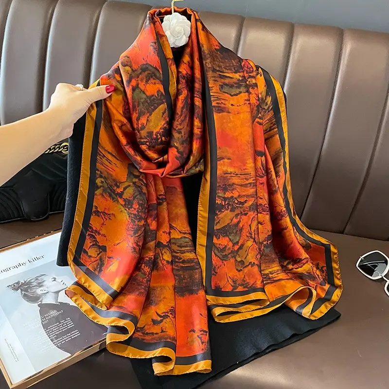 Wholesale 2023 latest own design multicolor silk head wraps scarf fashion women painting flower printed polyester silk shawls