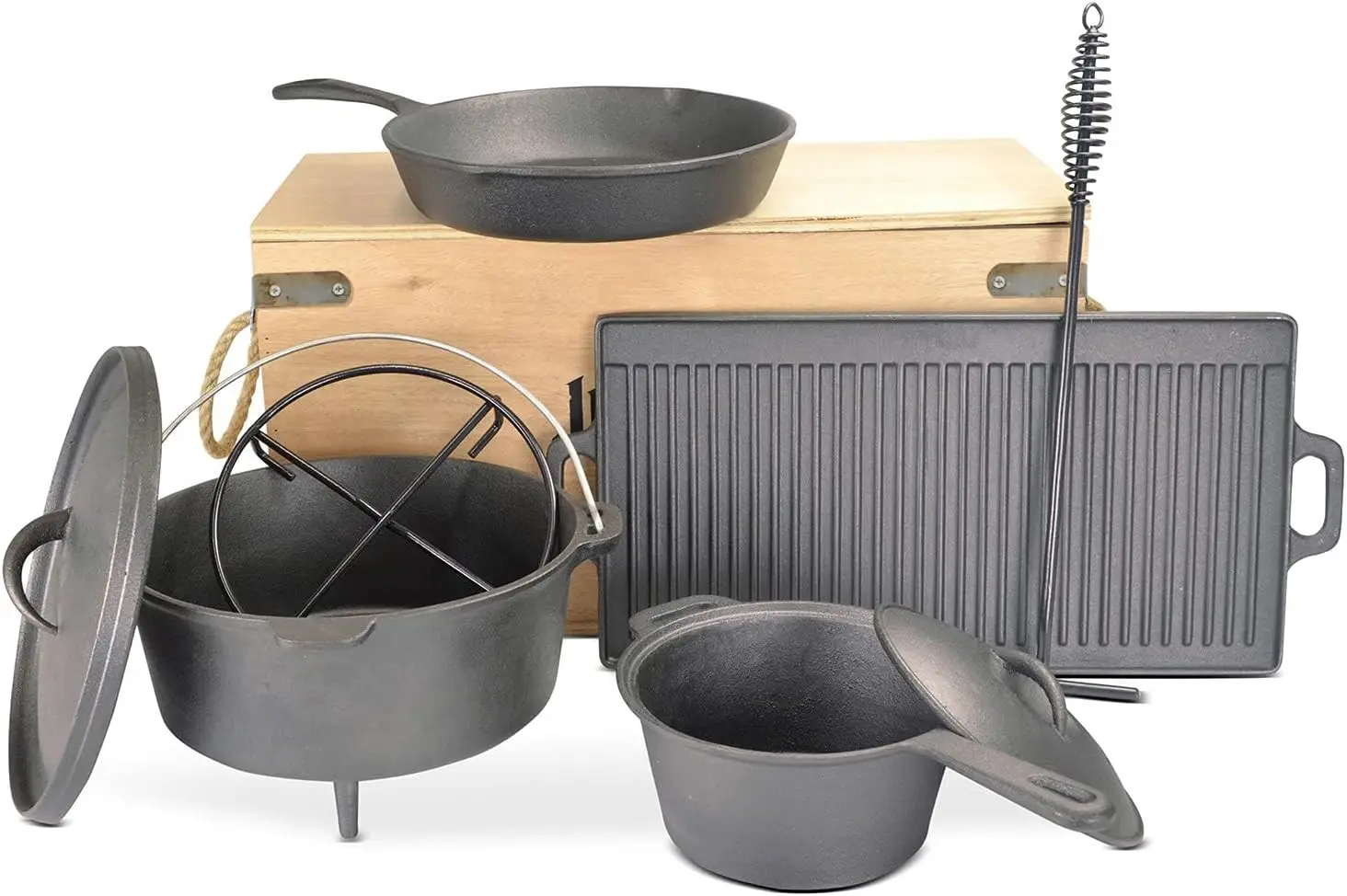 鍋の木箱セット6個ダッチオーブン鋳鉄プレシーズン調理器具セット屋外キャンプクック工場OEM