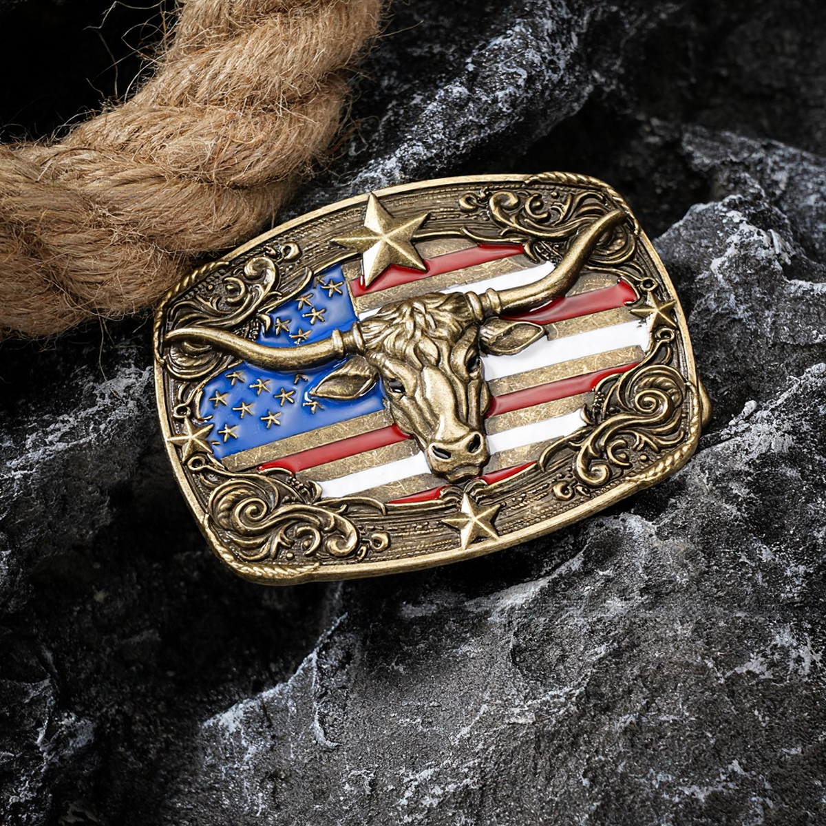 หัววัวพร้อมธงชาติอเมริกันหยดน้ำ สีบรอนซ์โบราณ