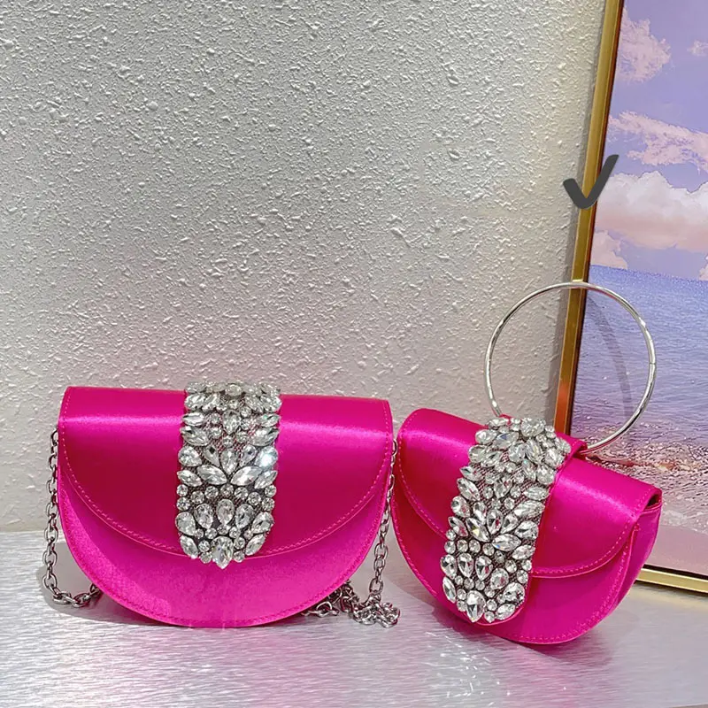 Groothandel Vrouwen Mode Trend Diamant Avond Clutch Tassen Vrouwen Strass Zijde Partij Halve Maan Avond Diamanten Tas