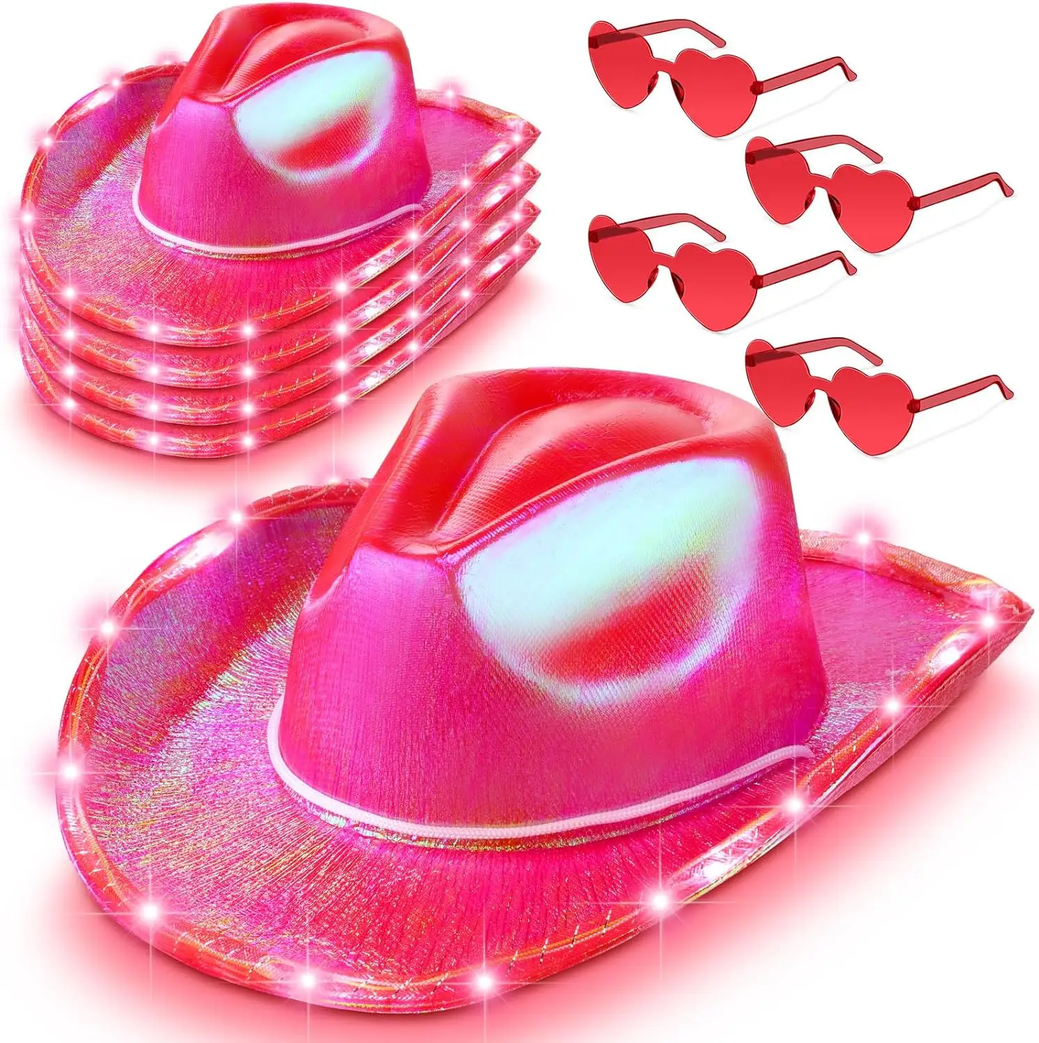 Prix usine en plastique coeur sans monture lunettes de soleil néon scintillant chapeau de Cowboy Western fête chaîne holographique espace West vache garçon chapeau