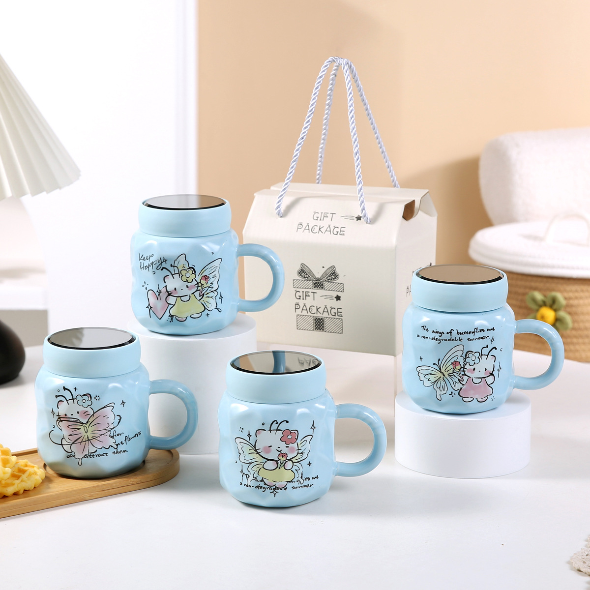 Zogift浅蓝色金色仙人掌陶瓷咖啡杯，带镜盖 - Product Image 5