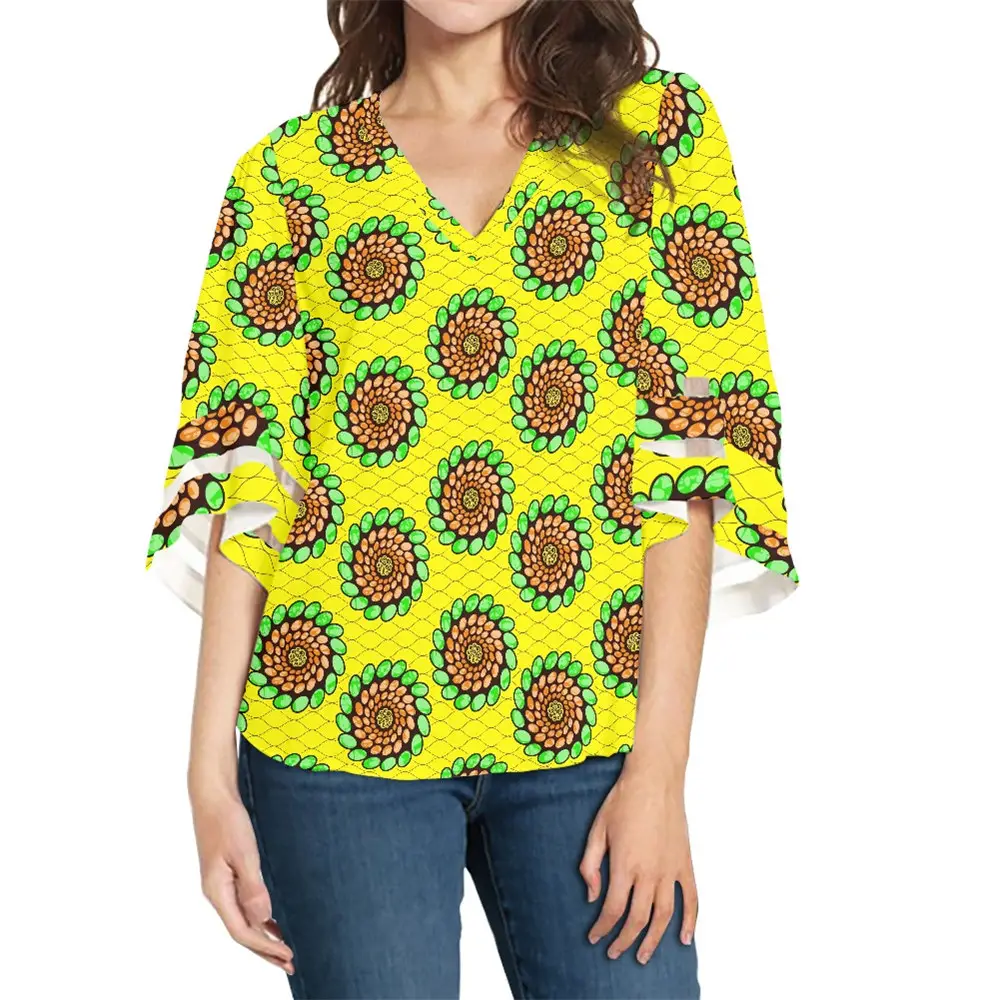 Camiseta africana com estampa de kitenge, estampa feminina amarela e têxtil com estampa de manga curta, gola em v para verão