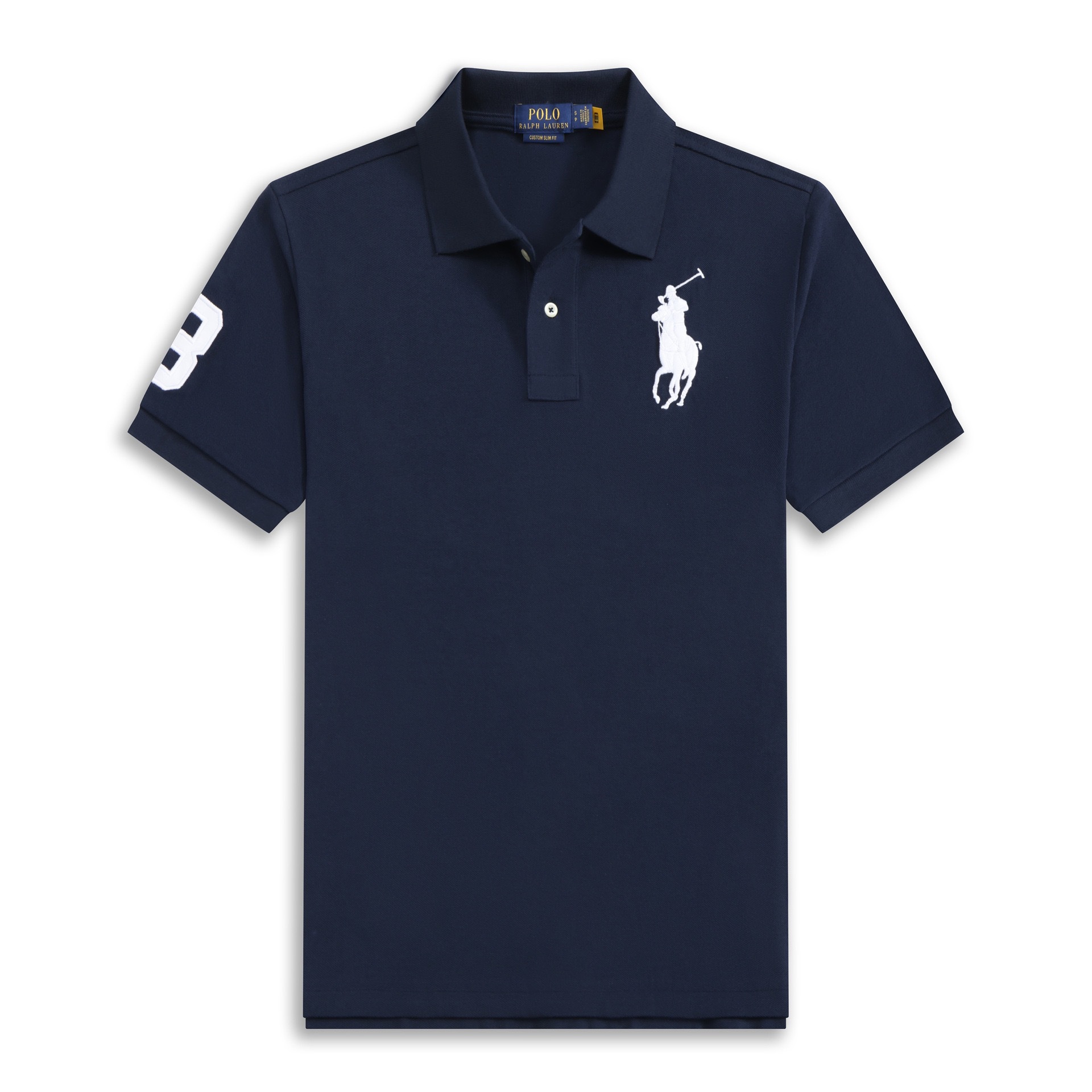 Royal blue and white label