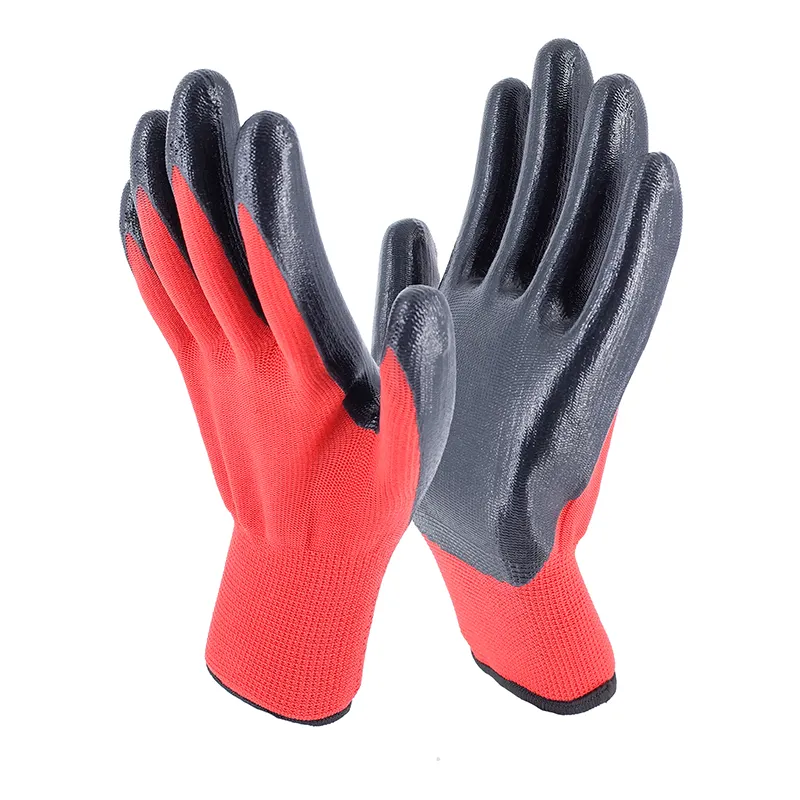 Hochwertige 13G rote schwarze Nitril-Handfläche Nitril-tauchhandschuh für Sommergartenarbeit