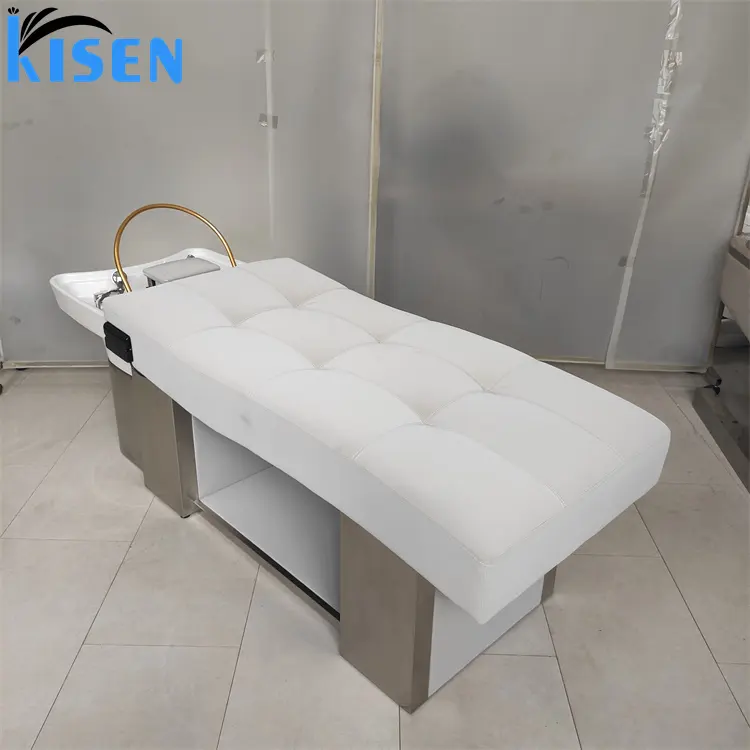 Kisen Luxury vendita calda Barbershop Salon Furniture lavaggio dei capelli lavandino bianco Shampoo sedia lettino da massaggio con Base in acciaio inossidabile