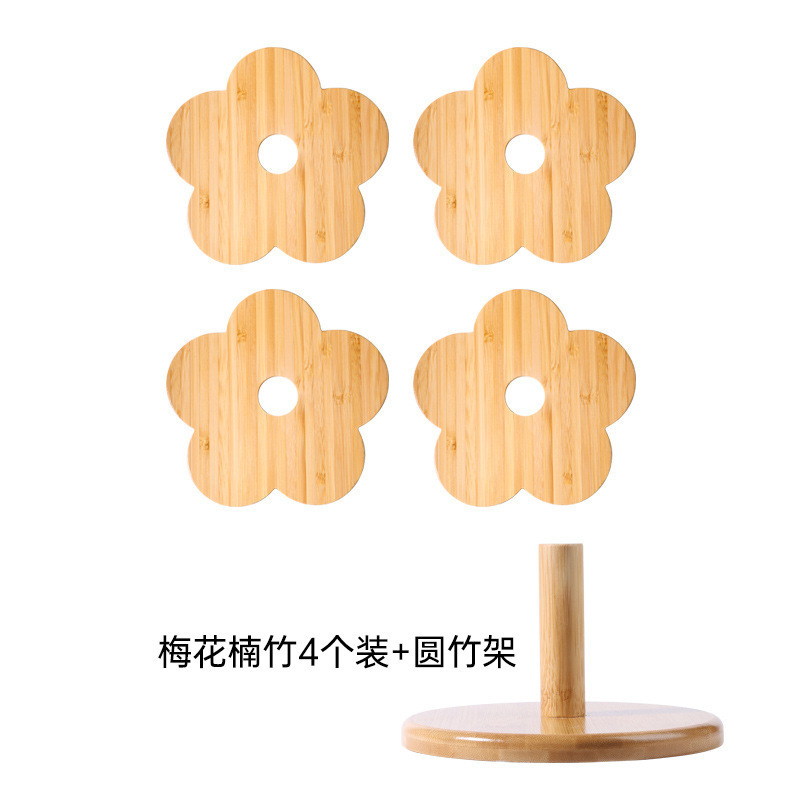 Lot de 4 bambous fleur de prunier + support rond en bambou
