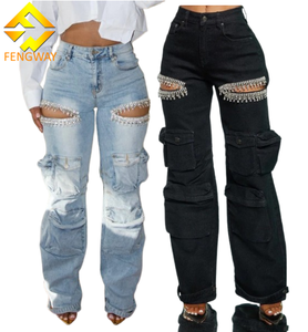 2025 yeni varış kadın kargo pantolon kadın moda orta katlı kot düz Baggy çok cep Rhinestones pantolon oymak