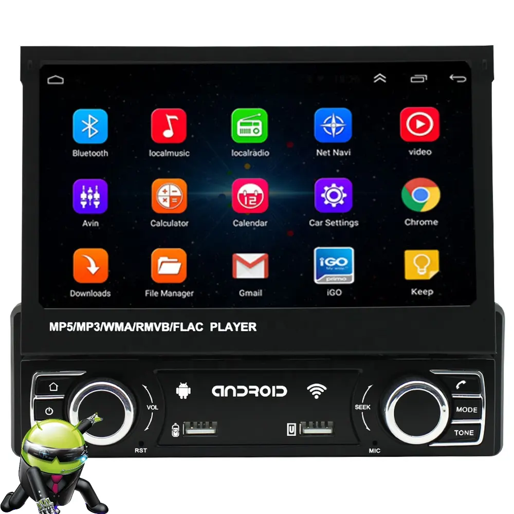 Lecteur Dvd de voiture universel 7 pouces écran tactile rétractable multimédia Mp5 Bt Usb Fm Audio 1 Din Android autoradio