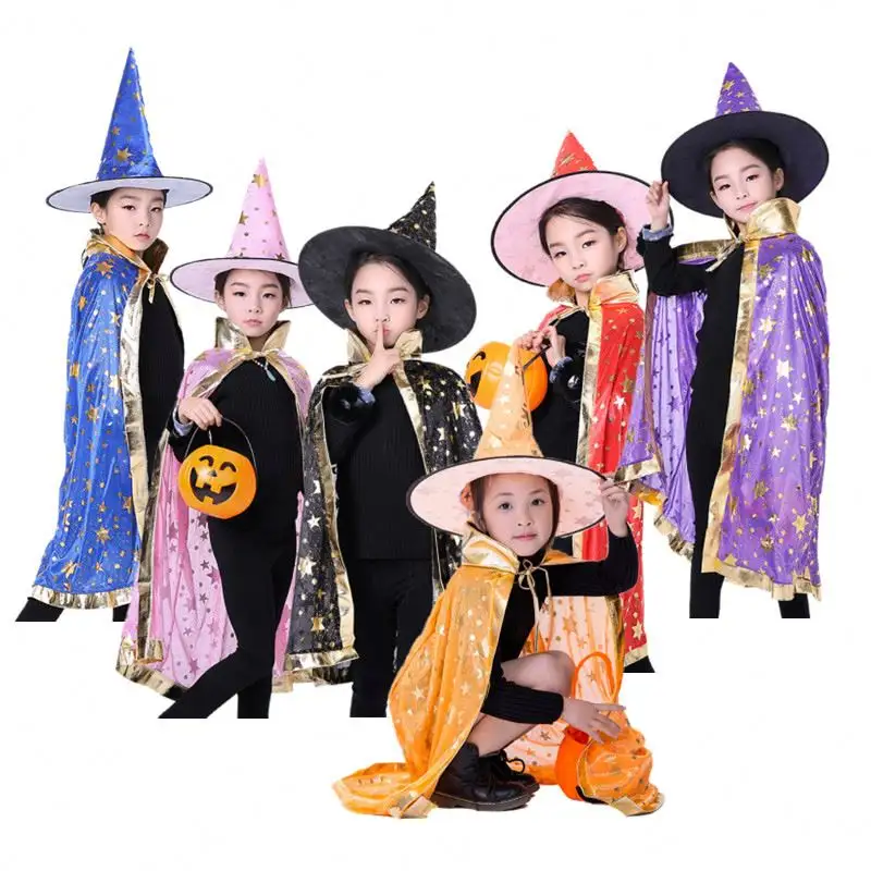 Venta caliente multi colores estrella impresión niños capa sombrero conjunto para Halloween niños niñas Halloween capa disfraz